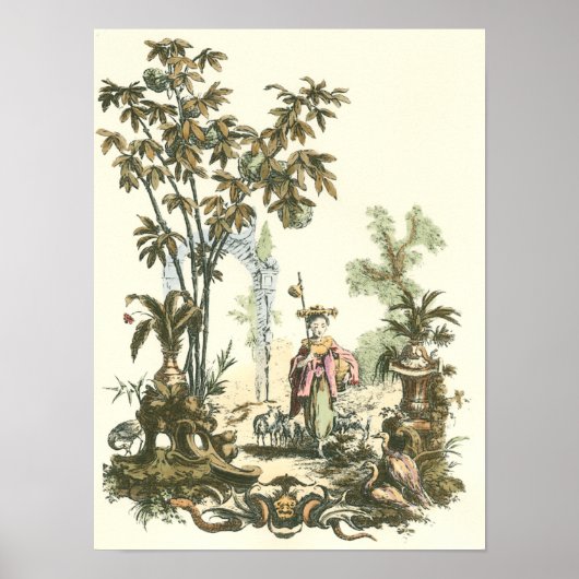 Asian Garden with Woman and Animals Poster (Voorkant)