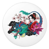 Asian Geisha Dragon Cherry Blossoms Blue Keramische Knop (Voorkant)