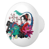 Asian Geisha Dragon Cherry Blossoms Blue Keramische Knop (Rechts)