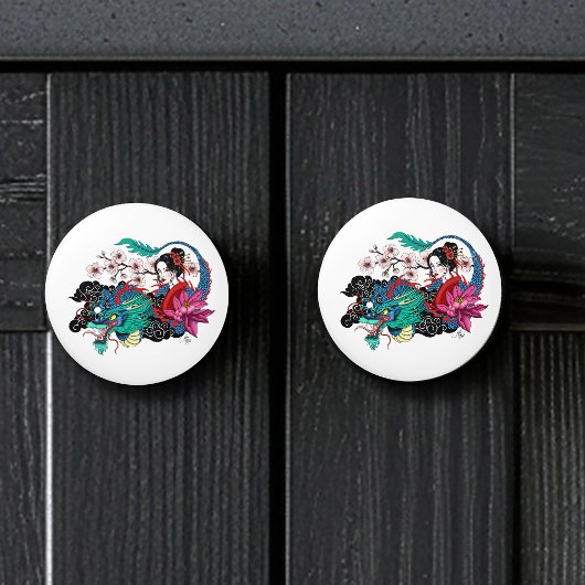Asian Geisha Dragon Cherry Blossoms Blue Keramische Knop