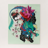 Asian Geisha Dragon Cherry Blossoms Blue Legpuzzel (Verticaal)