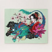 Asian Geisha Dragon Cherry Blossoms Blue Legpuzzel (Horizontaal)