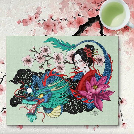Asian Geisha Dragon Cherry Blossoms Blue Legpuzzel
