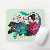 Asian Geisha Dragon Cherry Blossoms Blue Muismat (Met muis)