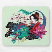 Asian Geisha Dragon Cherry Blossoms Blue Muismat (Voorkant)