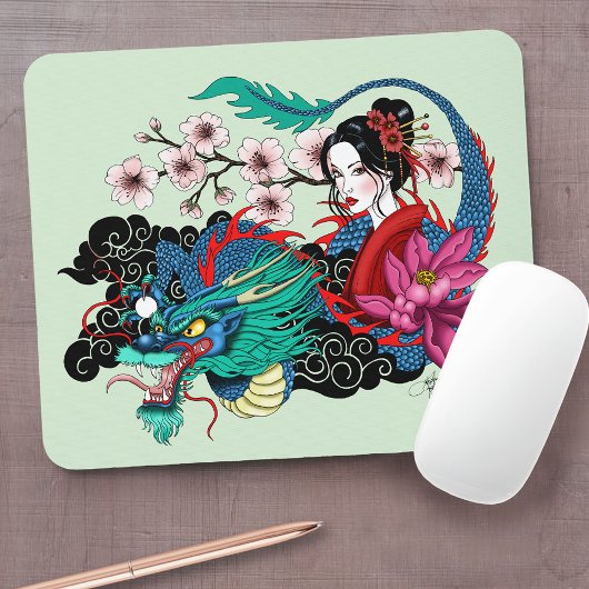 Asian Geisha Dragon Cherry Blossoms Blue Muismat