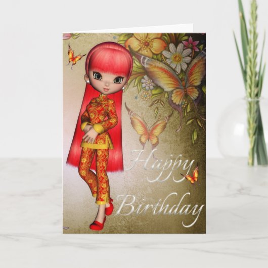 Asian Girl Beauful Flowers Happy Birthday Kaart 3 (Voorkant)