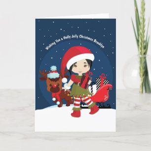 Asian Girl Elf Holiday Card Feestdagen Kaart