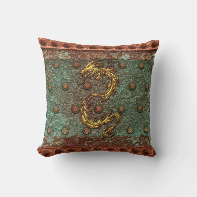 Asian Gold Dragon op gecorroded Metal-look Pillow Kussen (Voorkant)