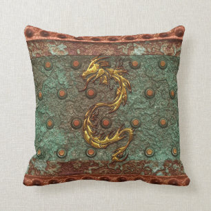 Asian Gold Dragon op gecorroded Metal-look Pillow Kussen