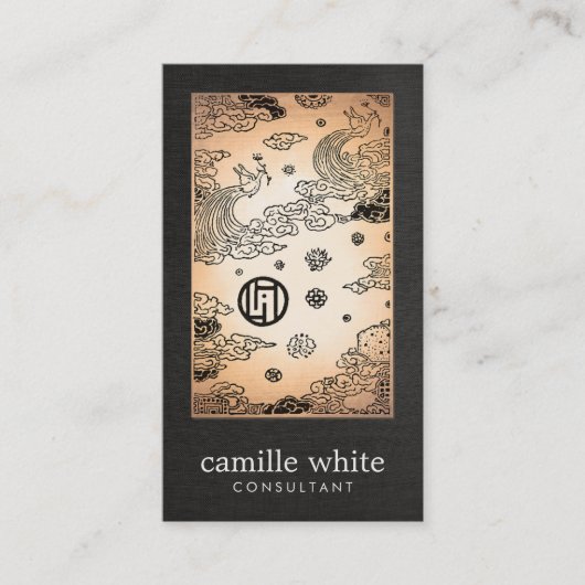 -Asian Gold Peacock en Lotus Black Linen Visitekaartje (Voorkant)