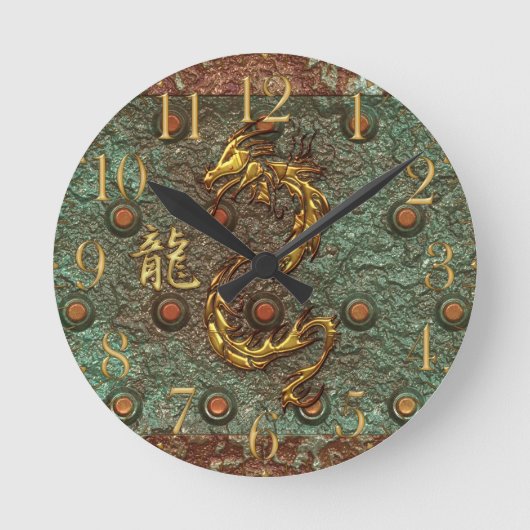 Asian Golden Dragon Rusty Metal Fantasy Art Clock Ronde Klok (Voorkant)
