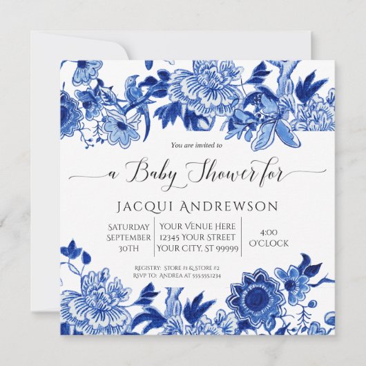 Asian Influence Blue White Floral Baby shower Kaart (Voorkant)