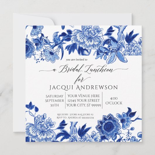 Asian Influence Blue White Floral Bridal Luncheon Kaart (Voorkant)