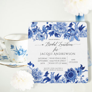 Asian Influence Blue White Floral Bridal Luncheon Kaart