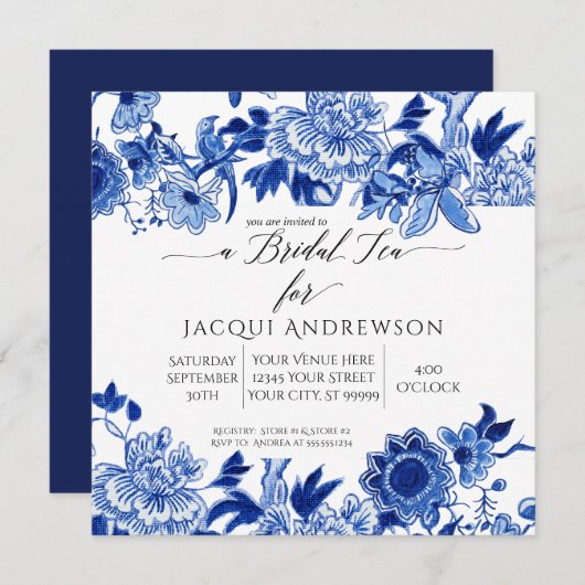 Asian Influence Blue White Floral | Bridal Tea Kaart (Voorkant / Achterkant)