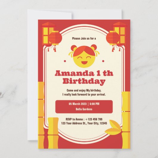 Asian Lantern 1st Birthday Invitation Kaart (Voorkant)
