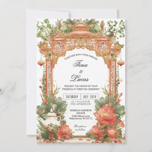Asian Lotus Tea Ceremony Wedding Invitation Kaart (Voorkant)