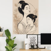 Asian Mother & Daughter – Minimalist Boho Line Art Poster (Thuiskantoor)