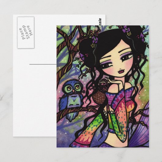 Asian Owl Berry Mermaid Fairy Fantasy Art Girl Briefkaart (Voorkant / Achterkant)