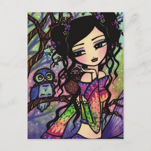 Asian Owl Berry Mermaid Fairy Fantasy Art Girl Briefkaart (Voorkant)