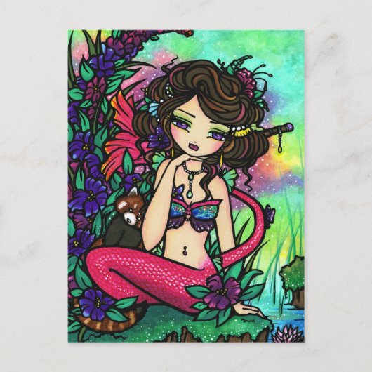 Asian Panda Mystical Pond Mermaid Fantasy Art Girl Briefkaart (Voorkant)