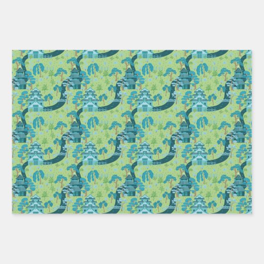 Asian Pattern Blue Green Inpakpapier Vel (Voorkant)
