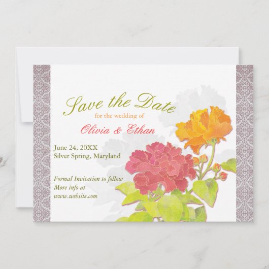 Asian Peony Damask Wedding Save the Date (Voorkant)