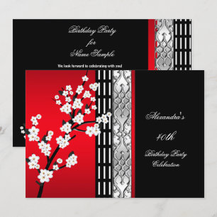 Asian Red Black Blossom Birthday Party 2 Kaart