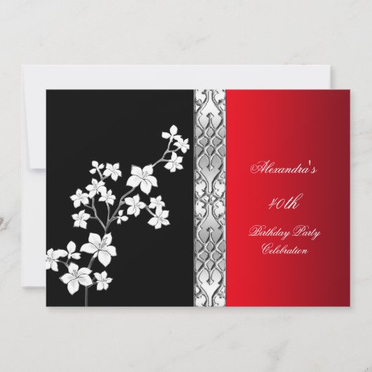 Asian Red Black Floral Silver White Birthday Party Kaart (Voorkant)