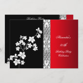 Asian Red Black Floral Silver White Birthday Party Kaart (Voorkant / Achterkant)