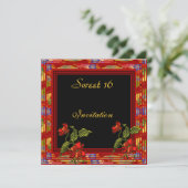 Asian Red Black Floral Sweet 16 Birthday Party Kaart (Staand voorkant)