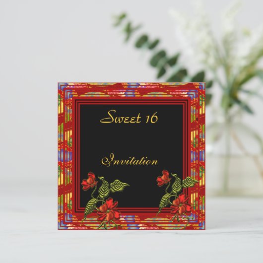 Asian Red Black Floral Sweet 16 Birthday Party Kaart (Staand voorkant)