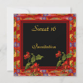 Asian Red Black Floral Sweet 16 Birthday Party Kaart (Voorkant)