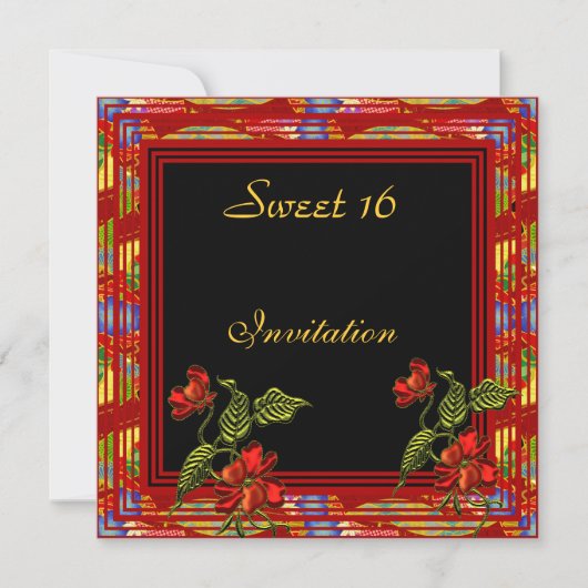 Asian Red Black Floral Sweet 16 Birthday Party Kaart (Voorkant)