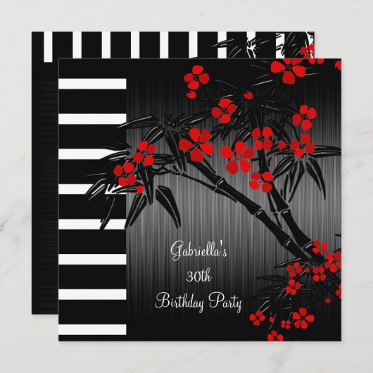 Asian Red Floral Black White Bamboo 30th Birthday Kaart (Voorkant / Achterkant)