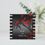 Asian Red Floral Black White Bamboo 30th Birthday Kaart (Staand voorkant)