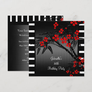 Asian Red Floral Black White Bamboo 30th Birthday Kaart