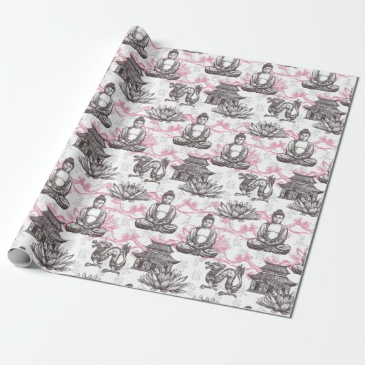 Asian Temple Buddha Floral Gift Cadeaupapier (Uitgerold)
