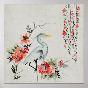 Asian'Crane Floral Poster
