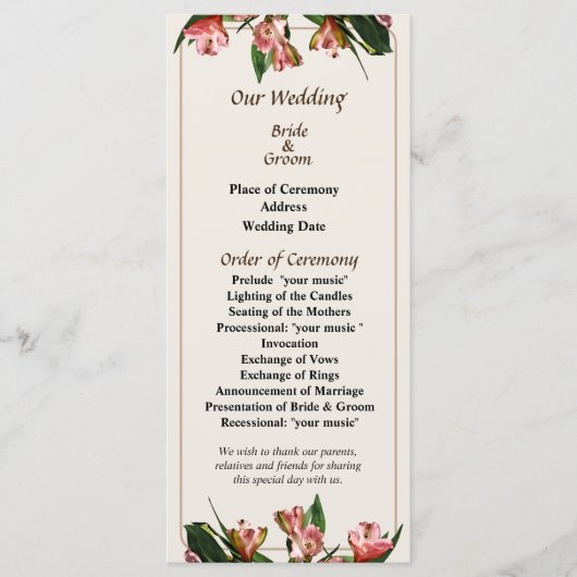 Asiatic Lilies and Leaves Wedding Programme Programmakaart (Voorkant)