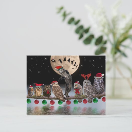Asio die met Uilen op Kerstavond danst Feestdagenkaart (Staand voorkant)