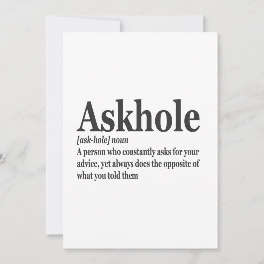 Askhole Definitie Grappige Grap Dictaat Volwassene Kaart (Voorkant)