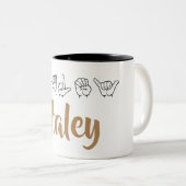 ASL American Sign Language Finger speld Haley Tweekleurige Koffiemok (Voorkant rechts)