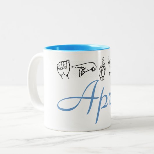 ASL American Sign Language Fingerspeld 2 april Tweekleurige Koffiemok (Voorkant links)