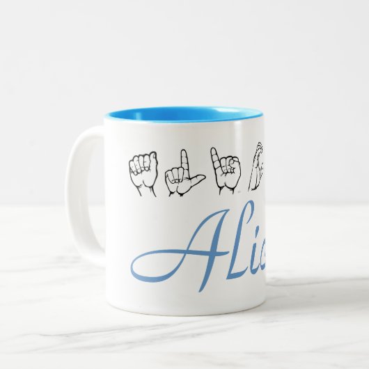 ASL American Sign Language Fingerspsed Alicia Tw Tweekleurige Koffiemok (Voorkant links)