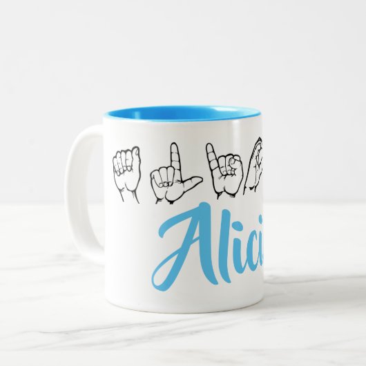 ASL American Sign Language Fingerspsed Alicia Tweekleurige Koffiemok (Voorkant links)