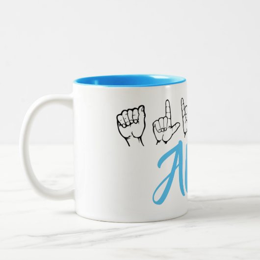ASL American Sign Language Fingerspsed Alicia Tweekleurige Koffiemok (Links)