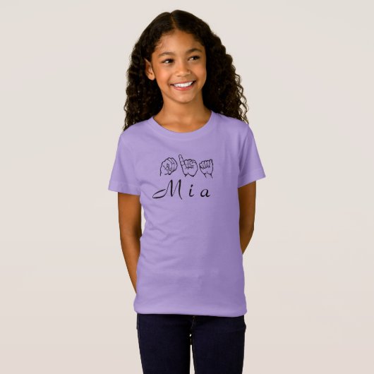 ASL American Sign Language Fingerspsed Mia T-shirt (Voorkant volledig)