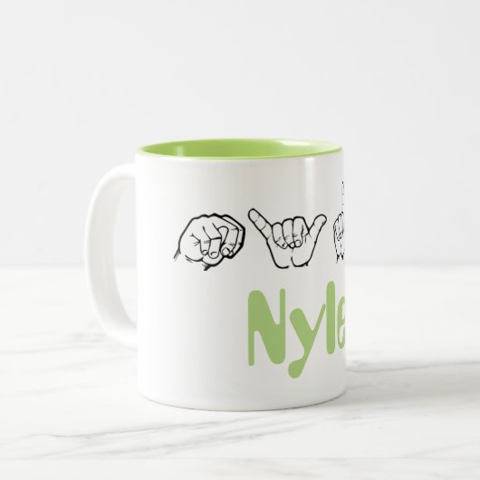 ASL American Sign Language Fingerspsed Nyle Tweekleurige Koffiemok (Voorkant links)